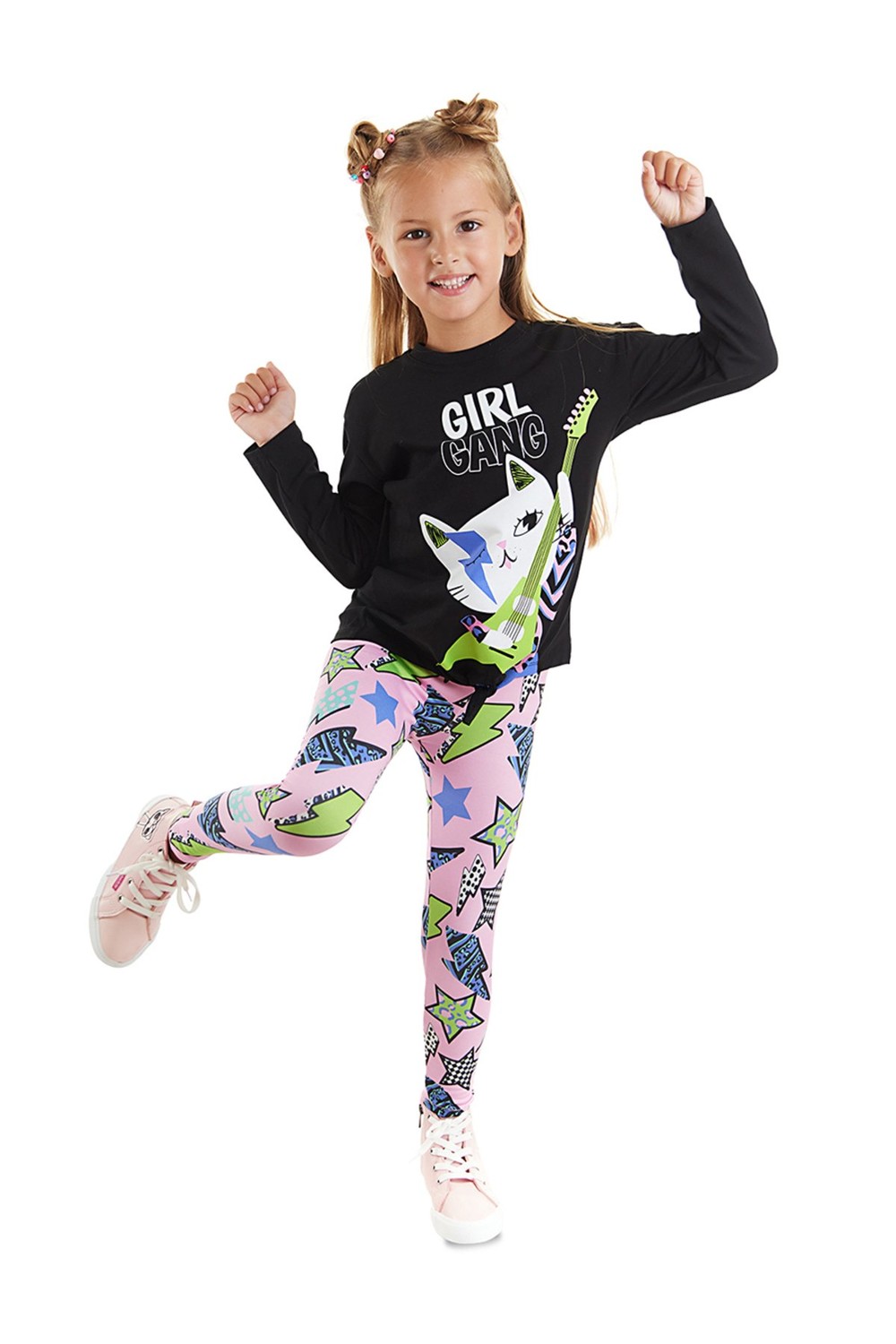 Mushi Girl Gang Girl's Black T-shirt with Pink Leggings Set.
