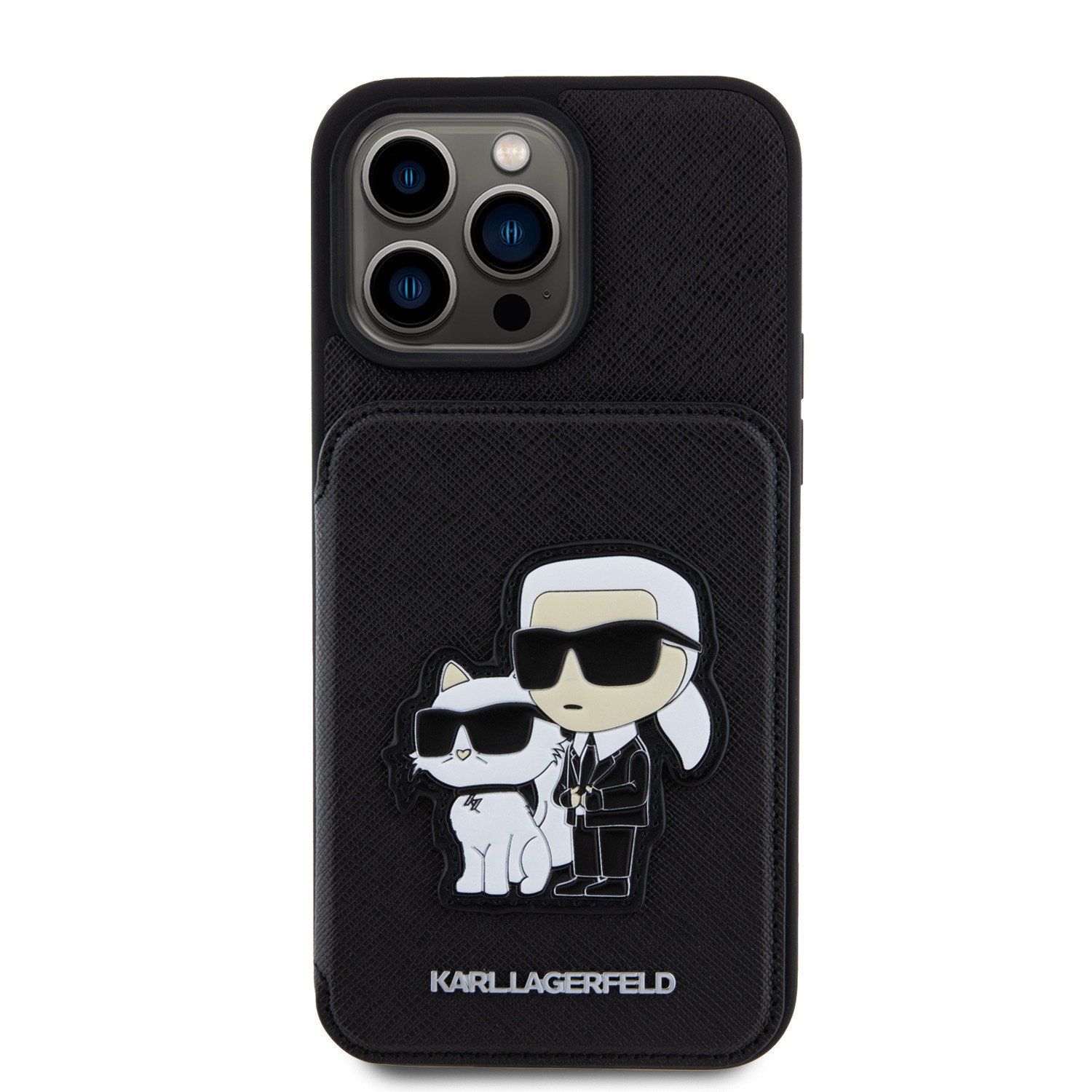 Karl Lagerfeld PU Saffiano Card Slot Stand Karl and Choupette Zadní Kryt pro iPhone 15 Pro Max Black