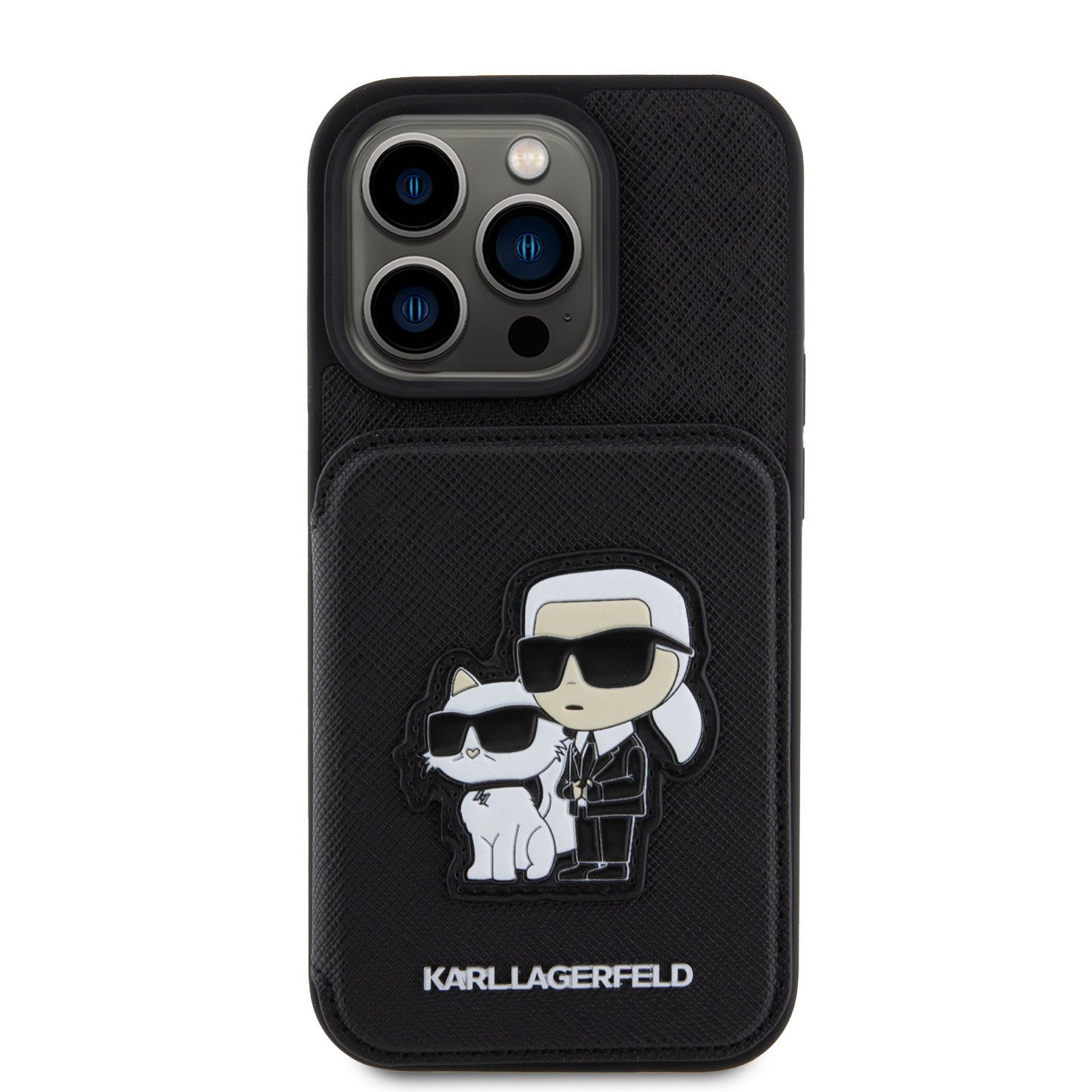 Karl Lagerfeld PU Saffiano Card Slot Stand Karl and Choupette Zadní Kryt pro iPhone 15 Pro Black