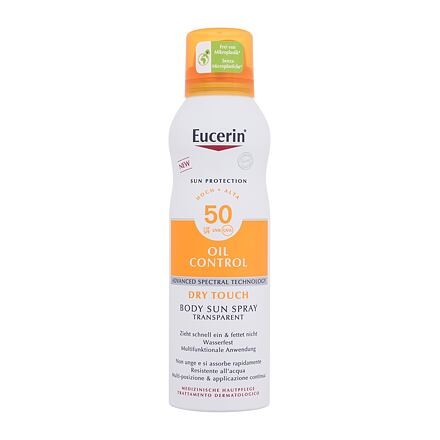 Eucerin Sun Oil Control Body Sun Spray Dry Touch SPF50 voděodolný transparentní sprej na opalování pro aknózní pokožku 200 ml
