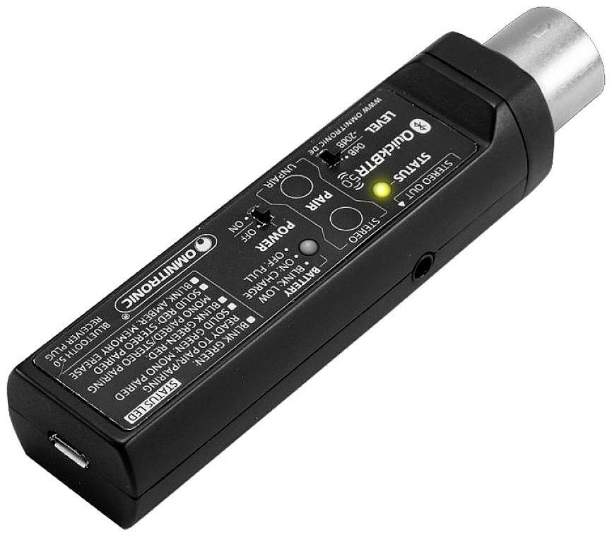 Omnitronic QuickBTR-5.0 XLR AptX Bluetooth audio přijímač Bluetooth verze: 5.0, A2DP 10 m technologie AptX, integrovaný akumulátor, integrovaný LED ukazatel