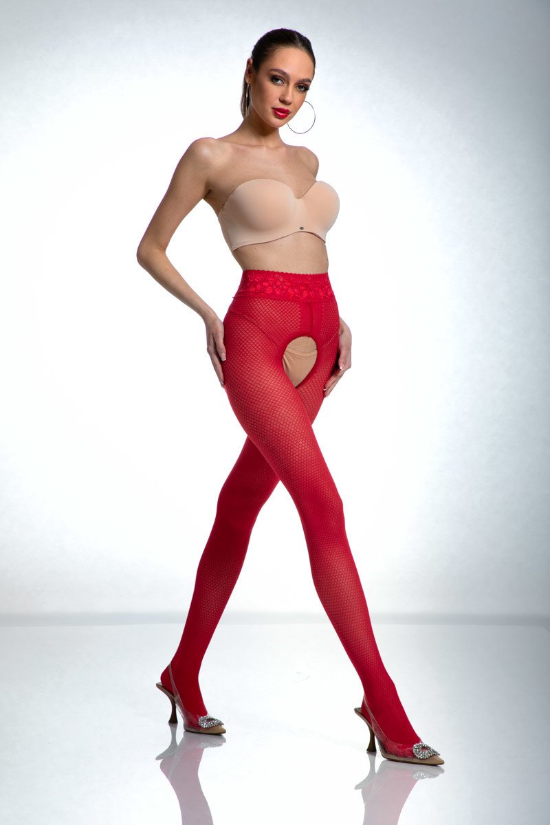 Červené vzorované crotchless punčochy Nymph 30DEN