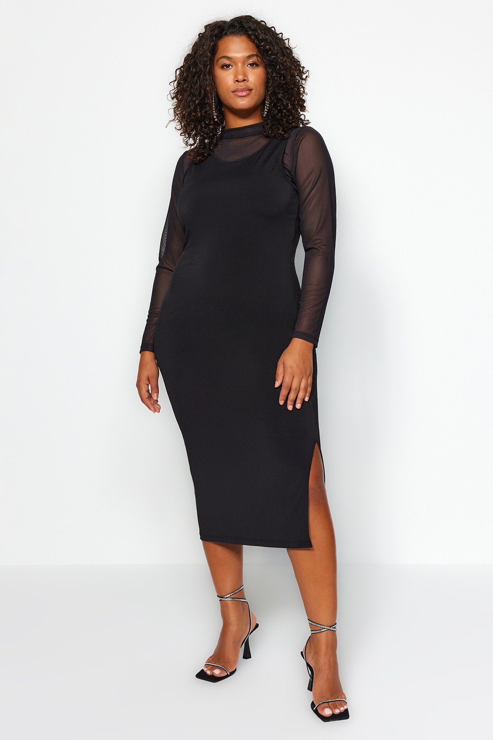 Trendyol Curve Black Fitted Knitted Dress With A Slit Detail