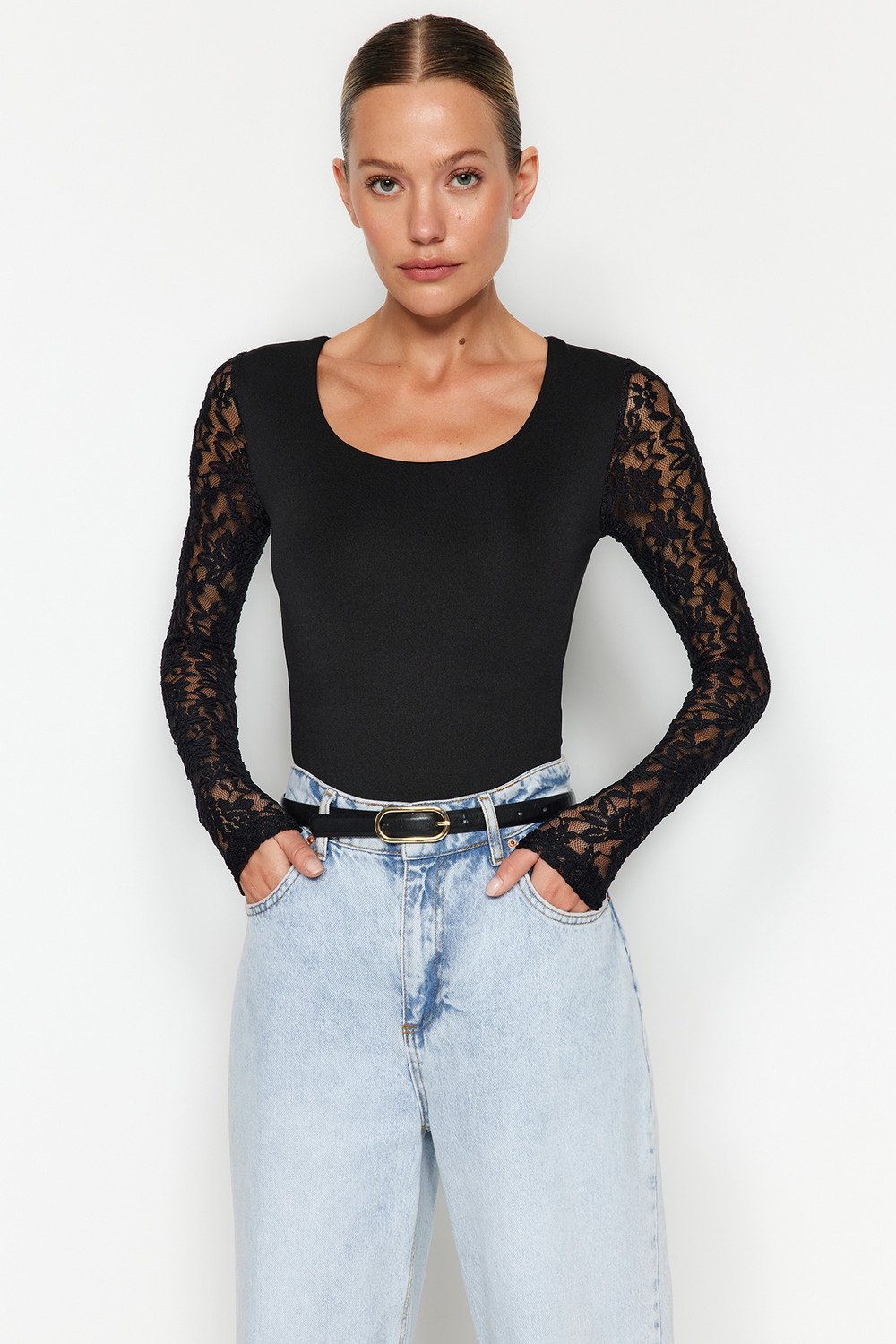 Trendyol Black Square Collar Lace Sleeves Knitted Body With Snap Buttons