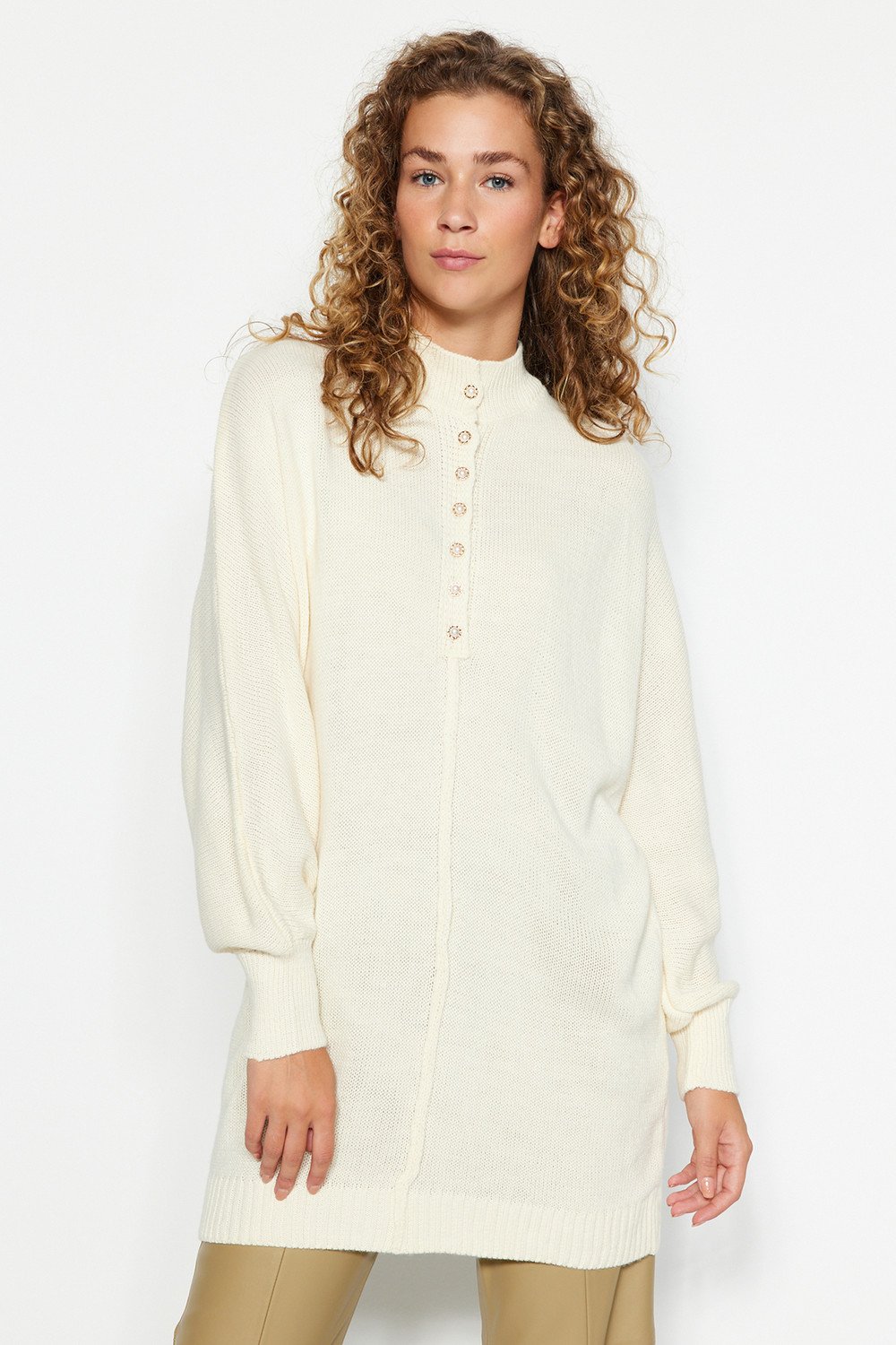 Trendyol Ecru Knitwear Sweater with Pearl Buttons