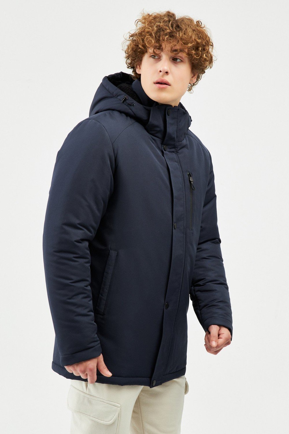 River Club Men's Navy Blue Sheepskin Coat, Water and Windproof Winter Coat & Parka with Detachable Hood.