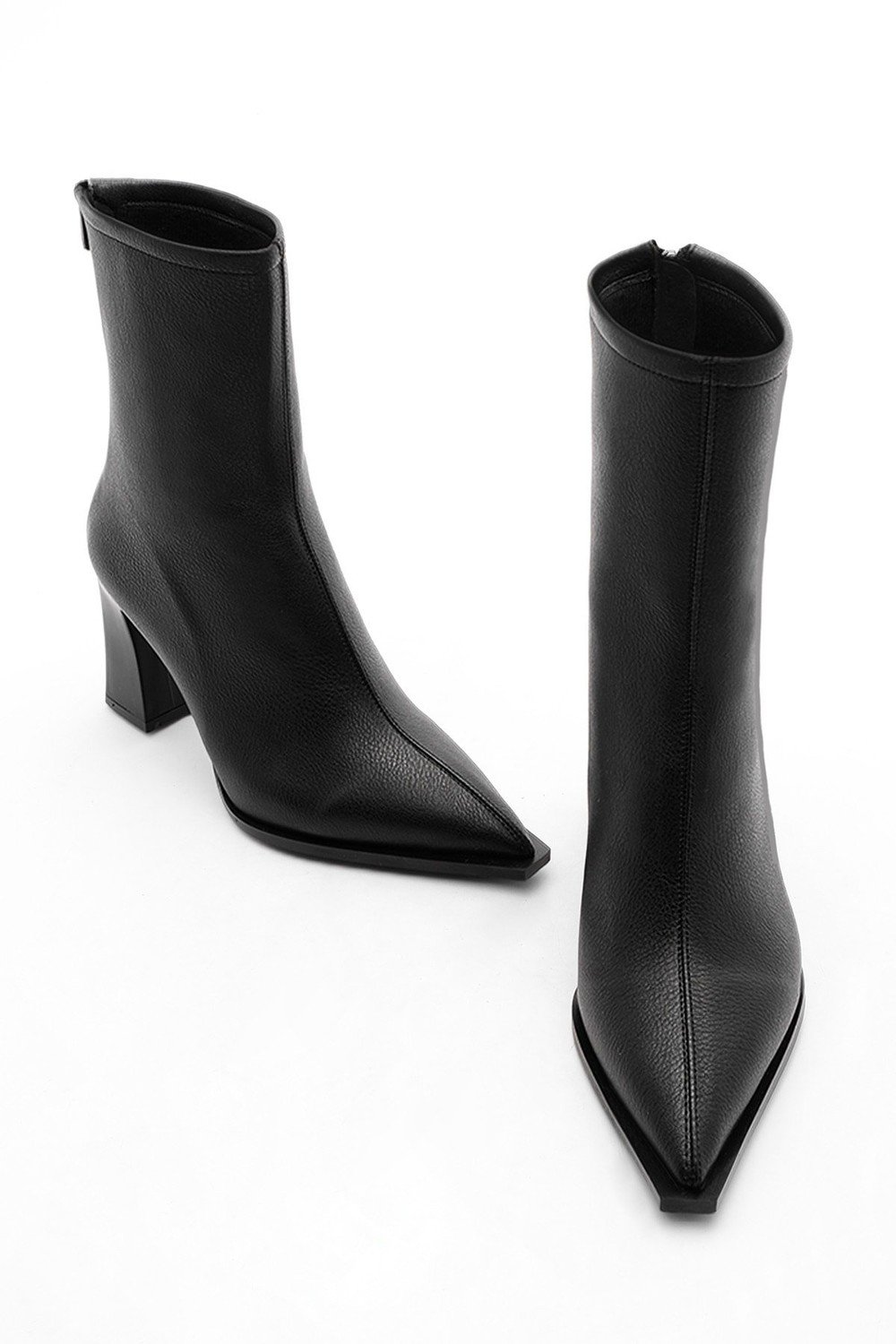 Marjin Women's Heeled Boots Pointed Toe Zipper At The Back Thick Heels Kikas Black.