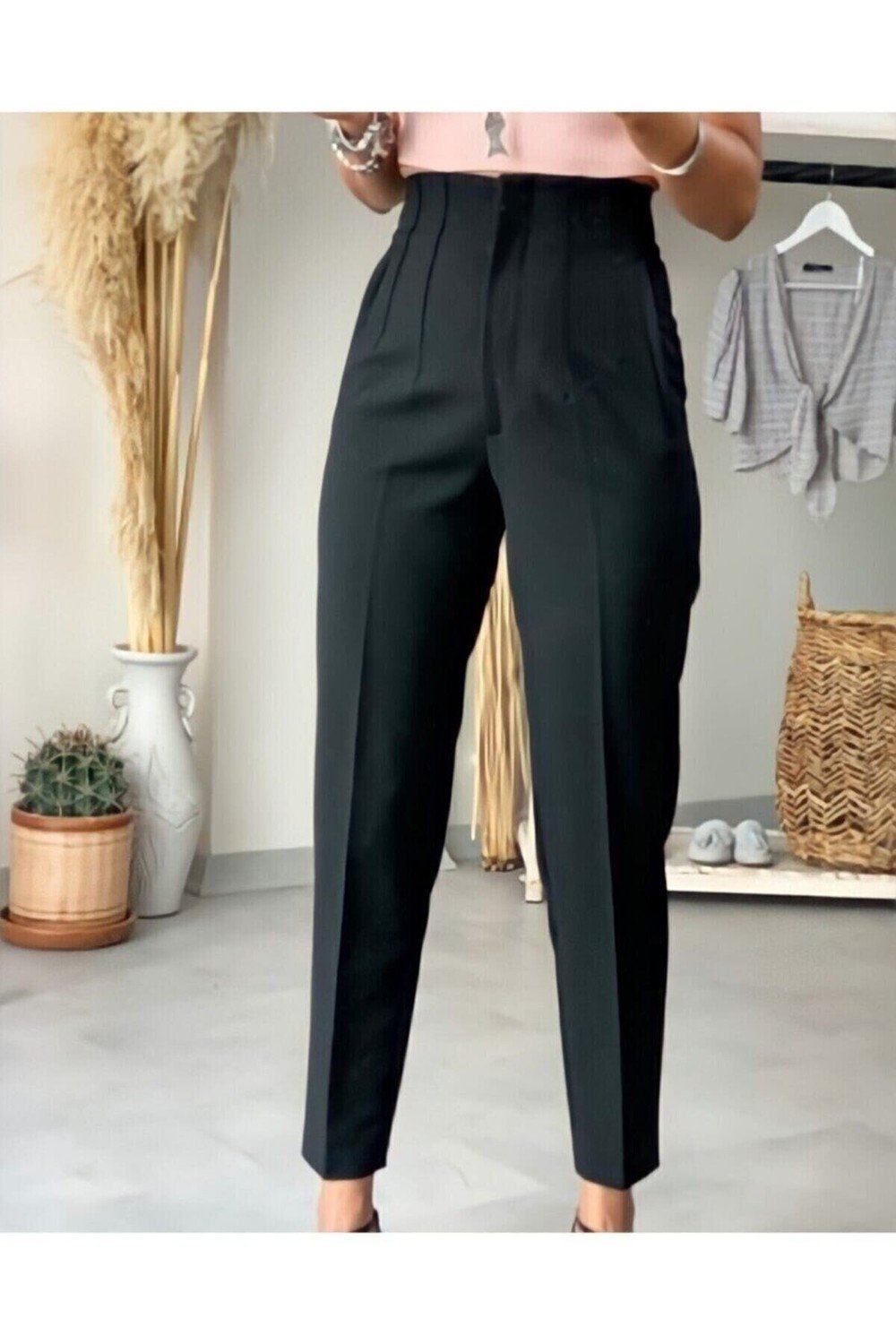 HAKKE Black High Waist Slim Plier Pants