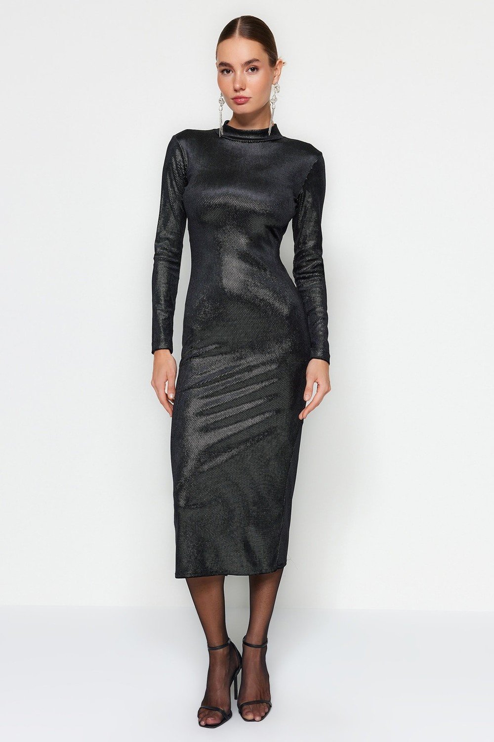 Trendyol Black Fitted Velvet Elegant Evening Dress