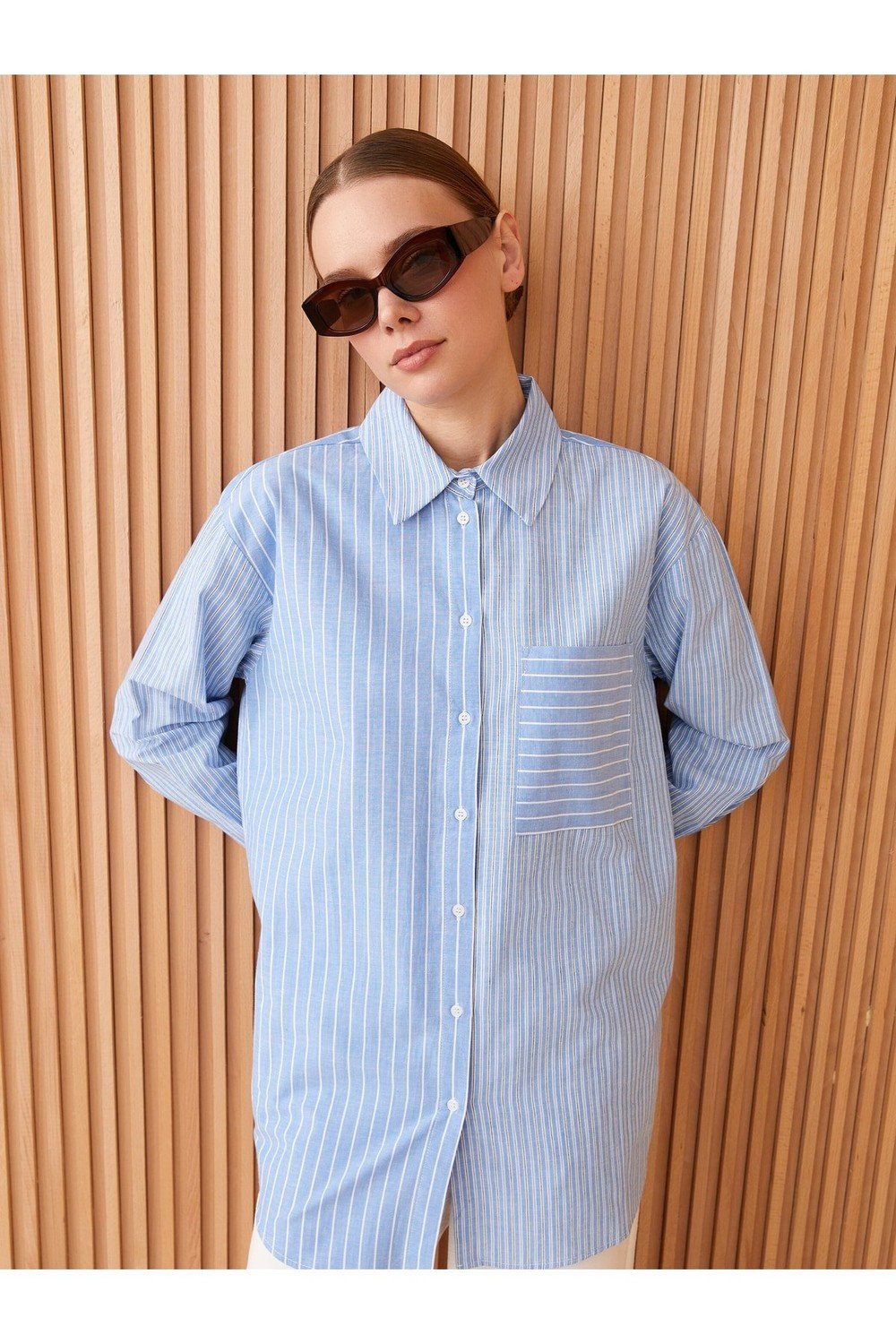 LC Waikiki Women's Shirt Collar Striped Long Sleeve Oversized Tunic