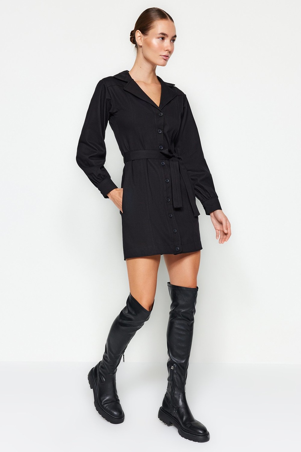 Trendyol Black Belted Woven Shirt Dress with Buttons