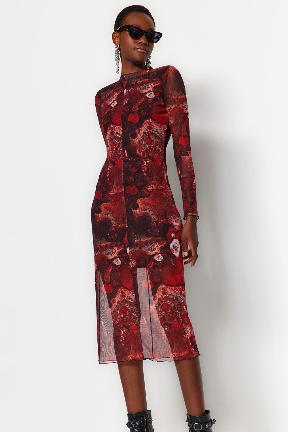 Trendyol Brown Printed Tulle Lined Fitted Stand Midi Knitted Dress