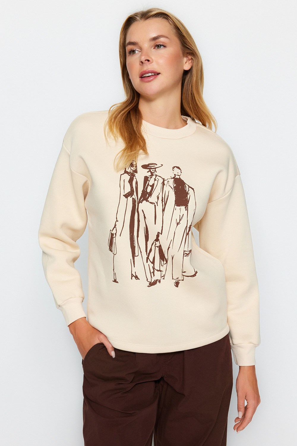 Trendyol Stones Regular / Regular Printed Crew Neck Thick / Fleece Inside Knitted Sweatshirt