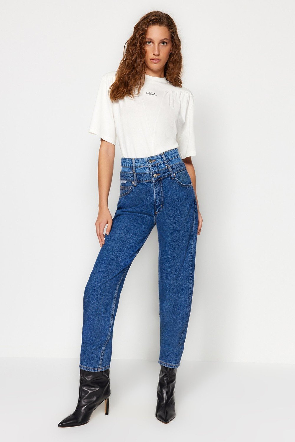Trendyol X Sagaza Studio Blue Jeans With Double Belt Detail