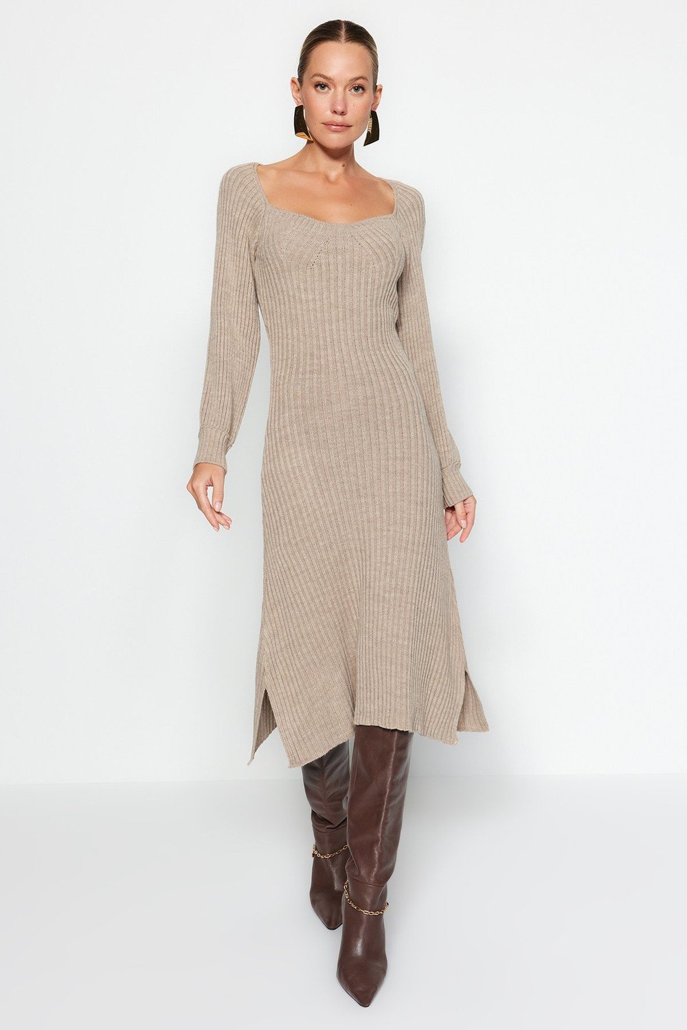 Trendyol Mink Midi Knitwear Sweetheart Neck Dress