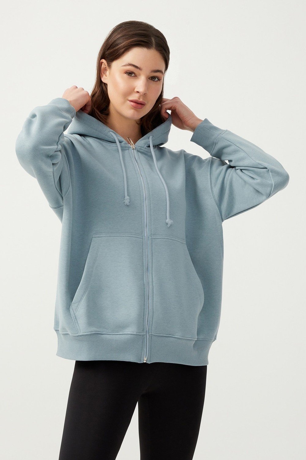 LOS OJOS Women's Blue Gray Hooded Oversize Rayon Zipper Knitted Sweatshirt.