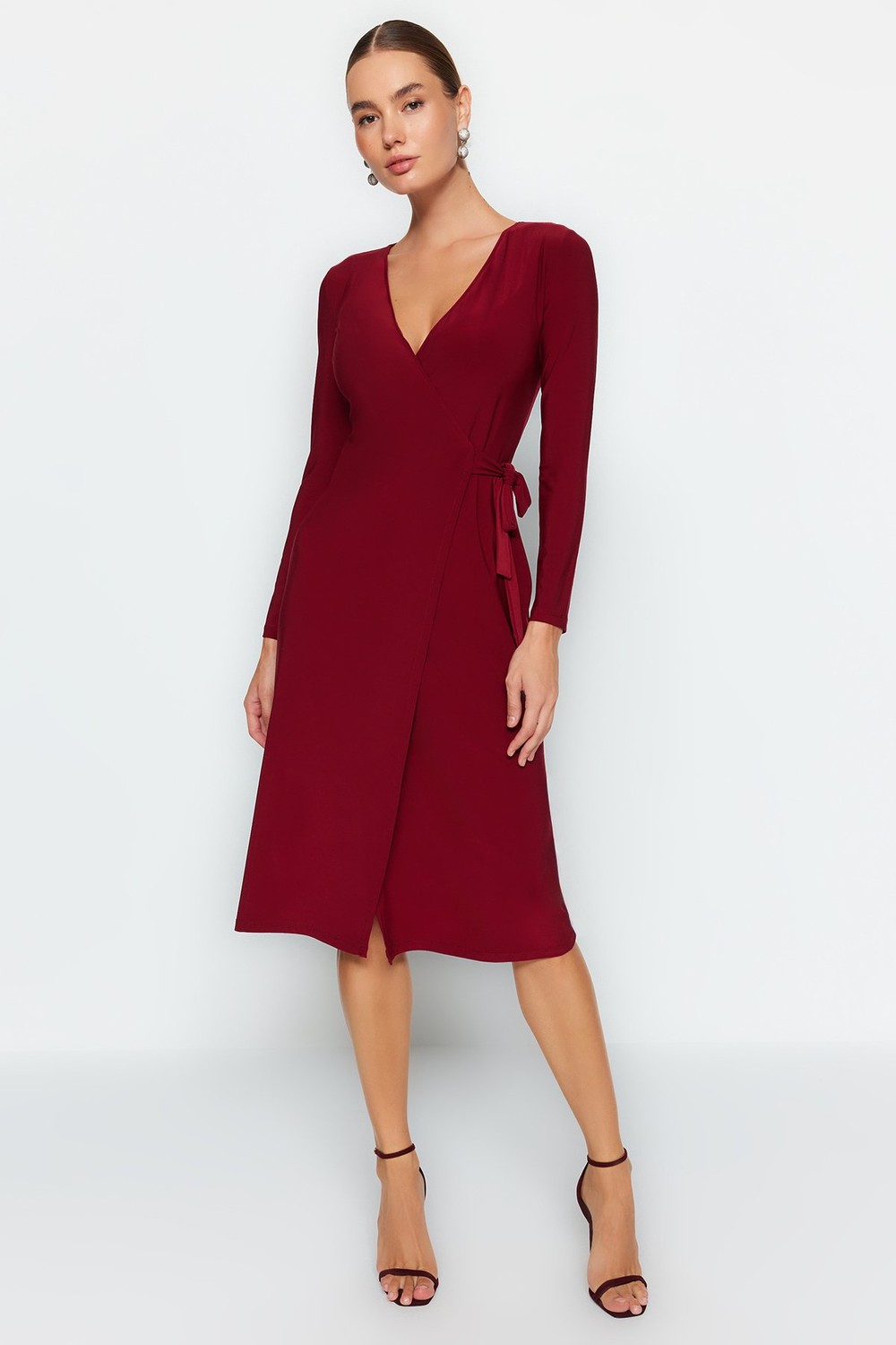 Trendyol Claret Red Double Breasted Collar Belted Fitted Midi Knit Dress