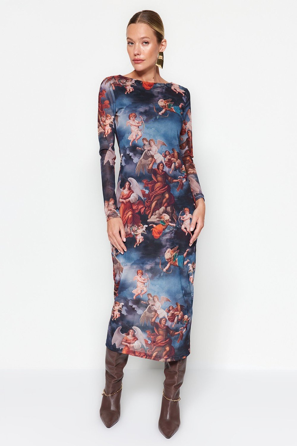 Trendyol Multicolored Bateau Neck Angel Print Lined, Fitted Tulle Midi Knit Dress