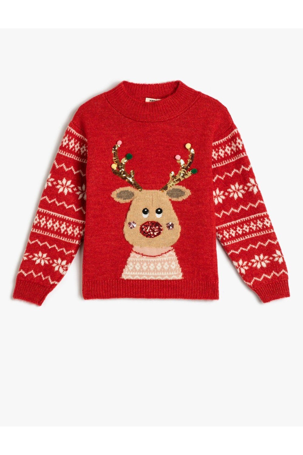 Koton Deer Patterned Christmas Sweater. Crew Neck Sequin Detailed. Soft Texture.