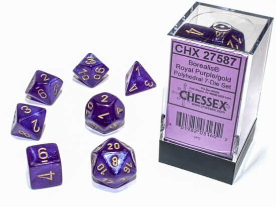 Sada kostek Chessex Borealis Luminary Royal Purple/Gold Polyhedral 7-Die Set