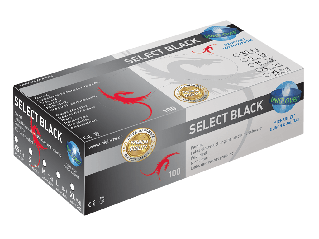 Rukavice latexové UNIGLOVES Select Black 300, 100 ks, černé, nepudrované - POŠKOZENÝ OBAL Rozměr: M