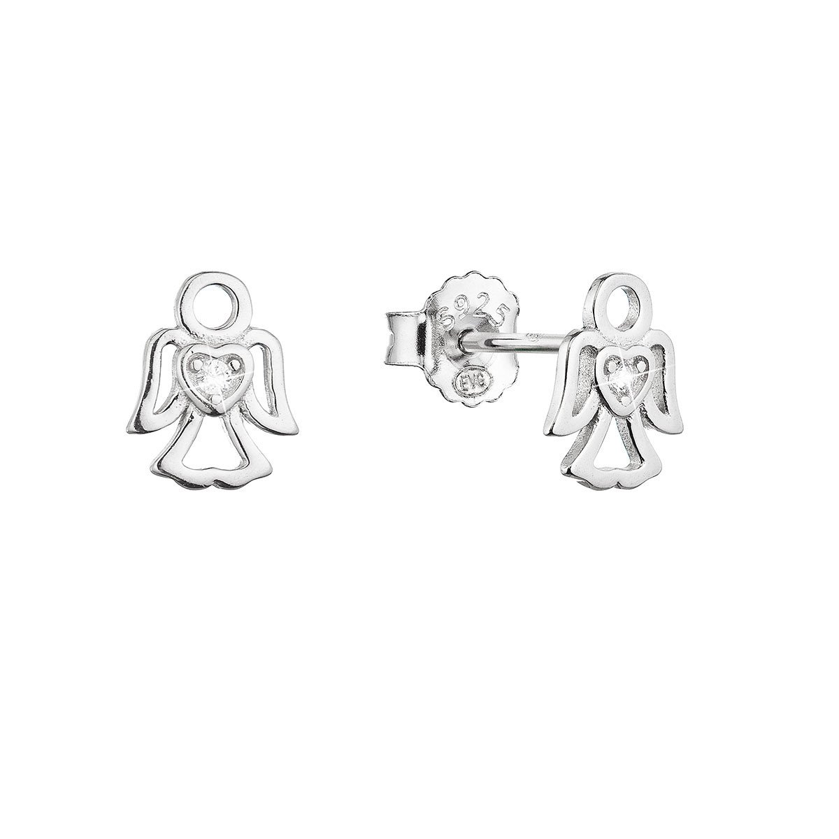 Evolution Group Stříbrné náušnice malý anděl se zirkonem tvaru srdíčka 11457.1