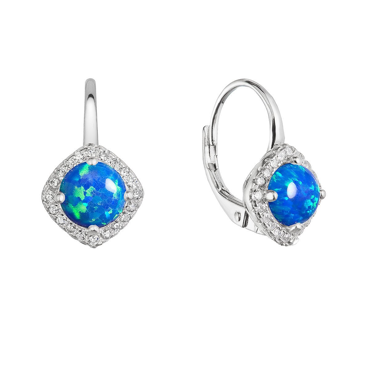 Evolution Group Stříbrné náušnice visací s modrým kulatým syntetickým opálem a zirkony 11463.3 blue