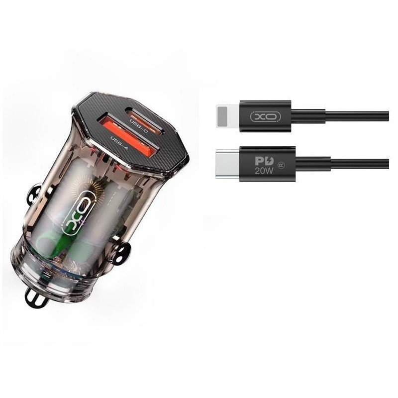 CL autonabíječka XO CC50 PD3.0 + QC3.0 1xUSB 24W, 1xUSB-C 30W + kabel USB-C / Lightning iPhone Clear