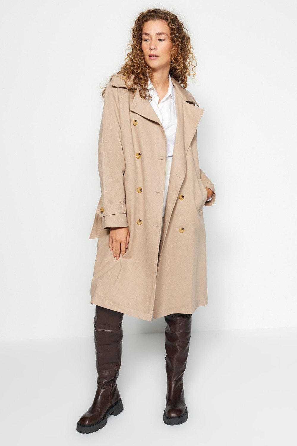Trendyol Mink Oversize Hooded Trench Coat with Faux Leather Collar