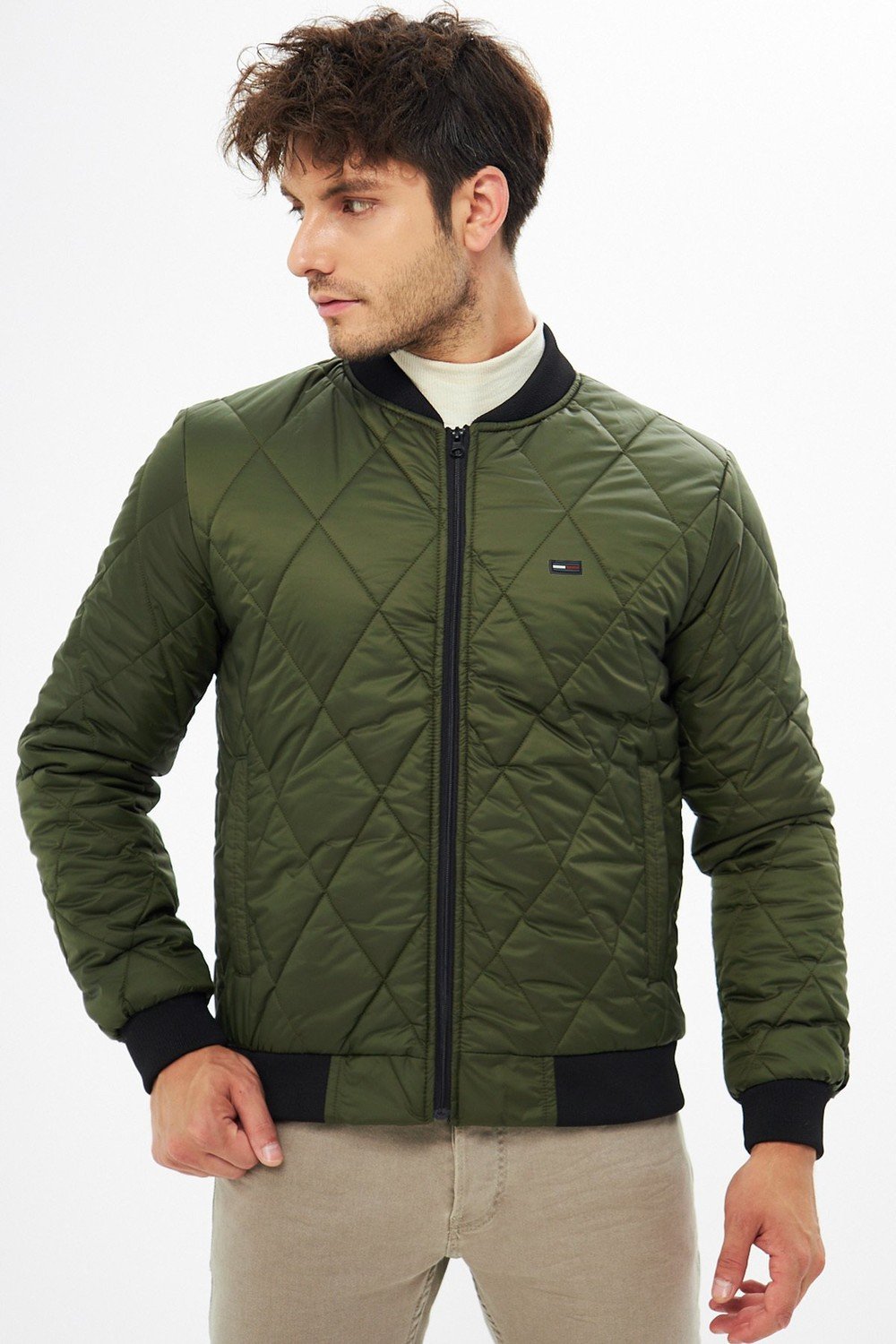 River Club Men's Khaki College Collar Water And Windproof Quilted Patterned Fiber Filled Coat