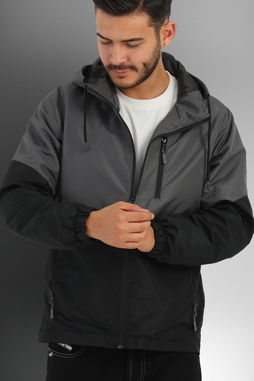 River Club Men's Anthracite-black Two Colors Inside Lined Water-Resistant Hooded Sports Raincoat-wind cap.