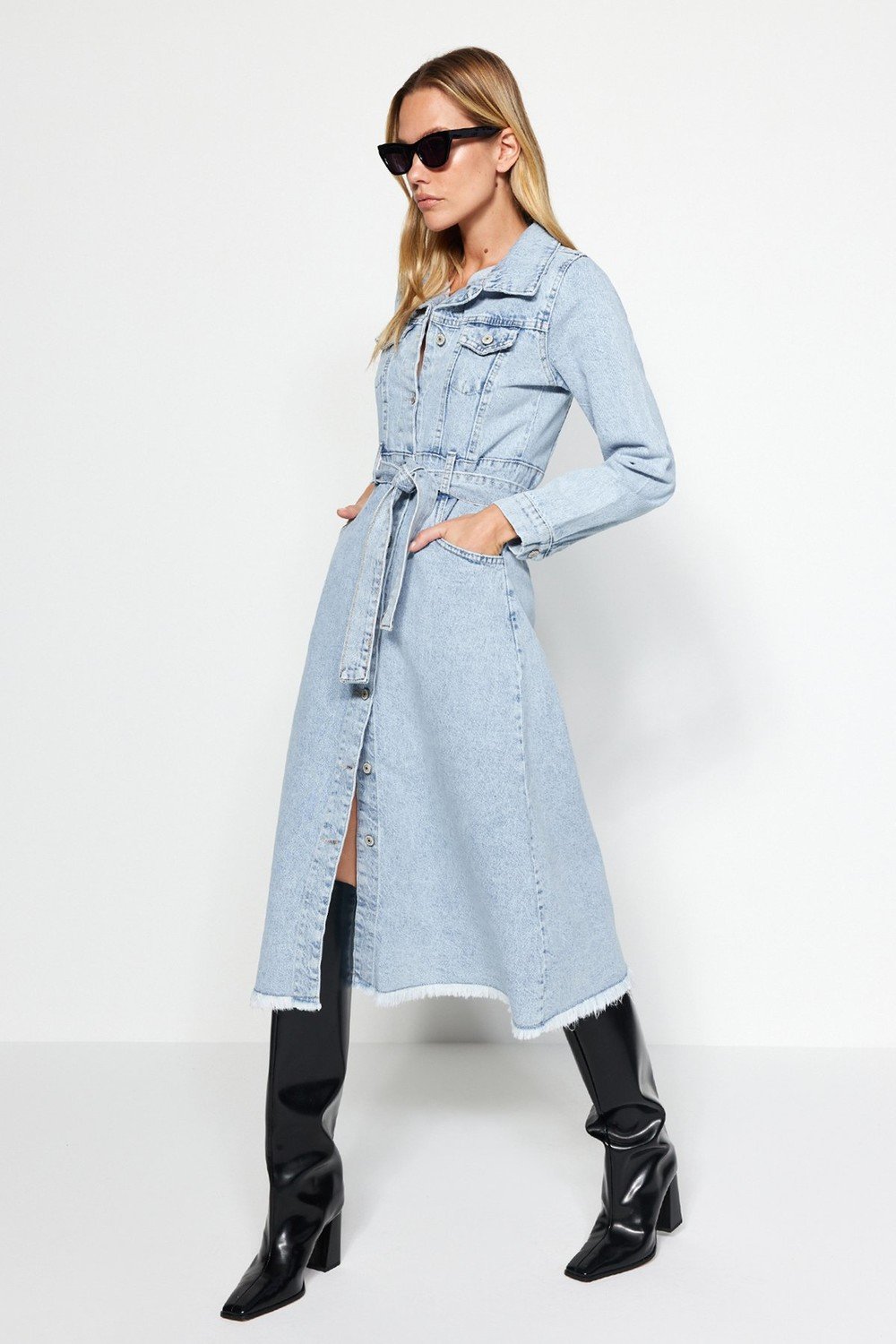 Trendyol Light Blue Lace Detailed Denim Dress