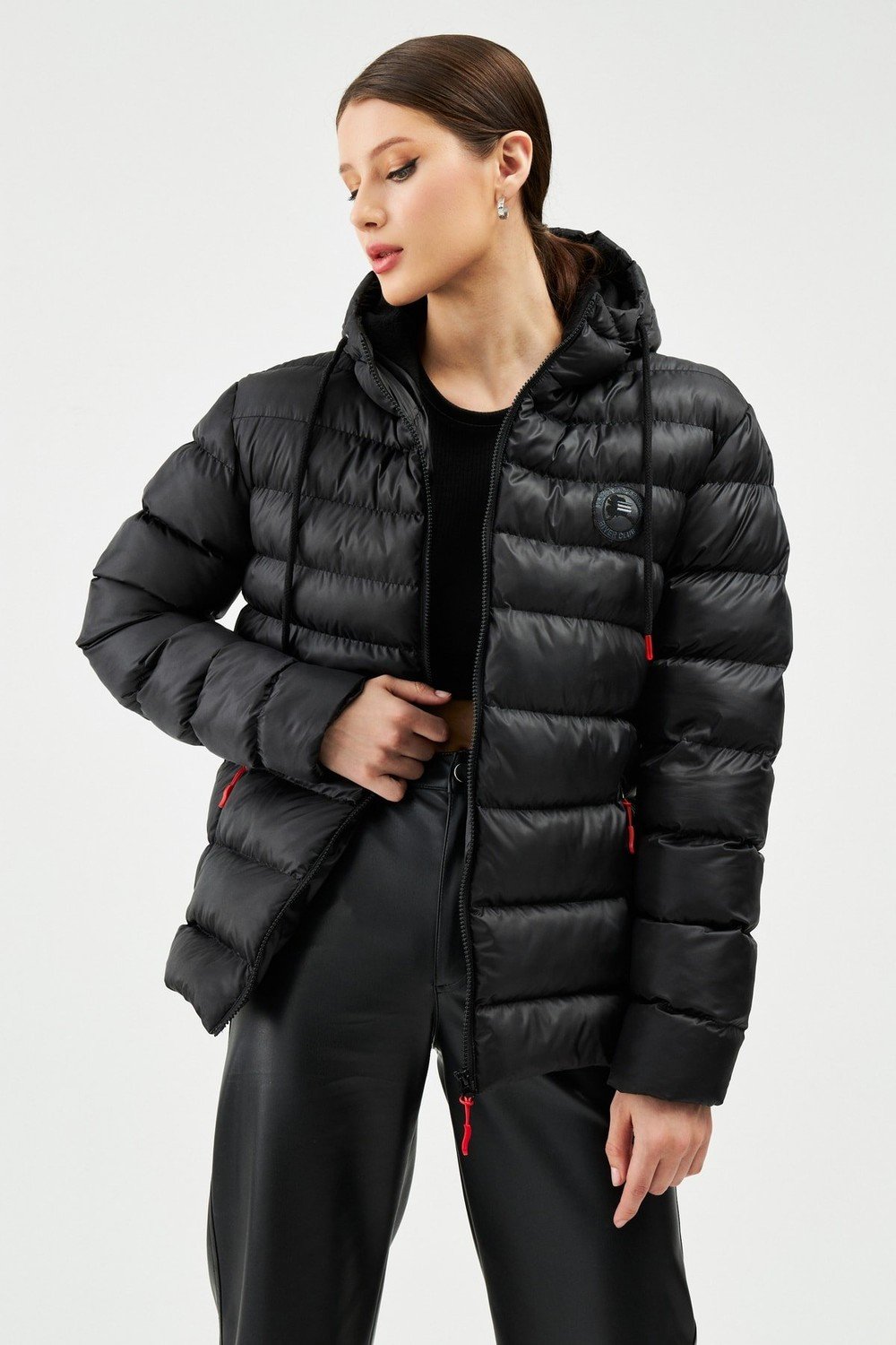 River Club Women's Black Fleece Waterproof And Windproof Hooded Winter Down Coat.