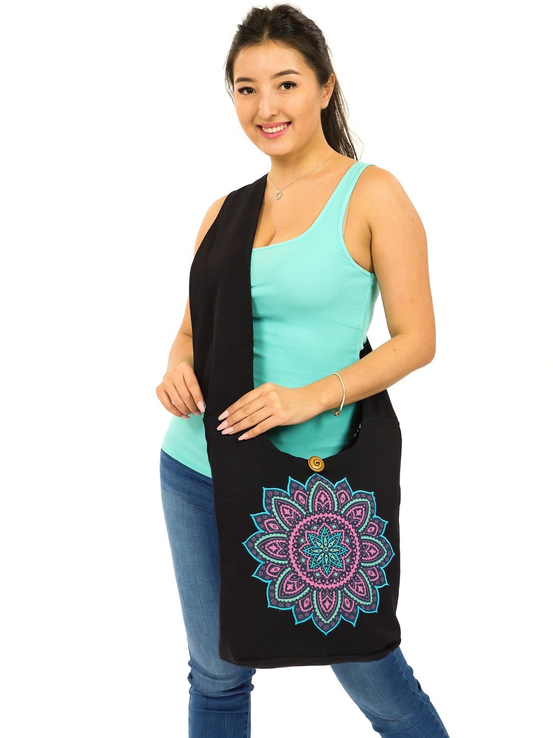 Himalife Vyšívaná crossbody kabelka Mandala - tyrkysová s růžovou