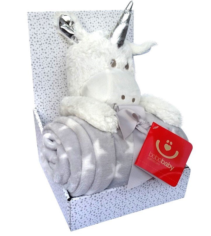 Dárkový set - dětská hračka JEDNOROŽEC bílá/šedá s mikrovláknovou dekou 75X100 cm