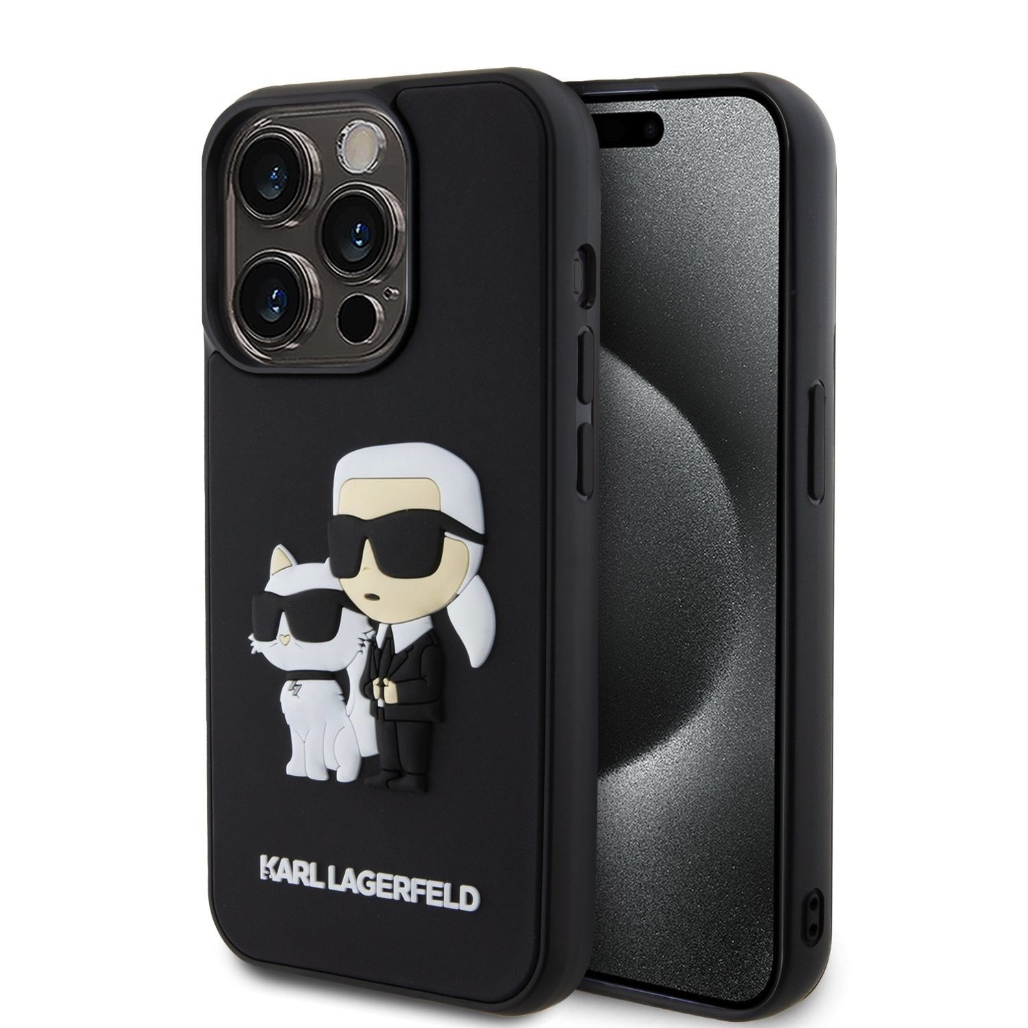 Ochranný kryt na iPhone 15 Pro - Karl Lagerfeld, 3D Rubber Karl and Choupette Black KLHCP15L3DRKCNK