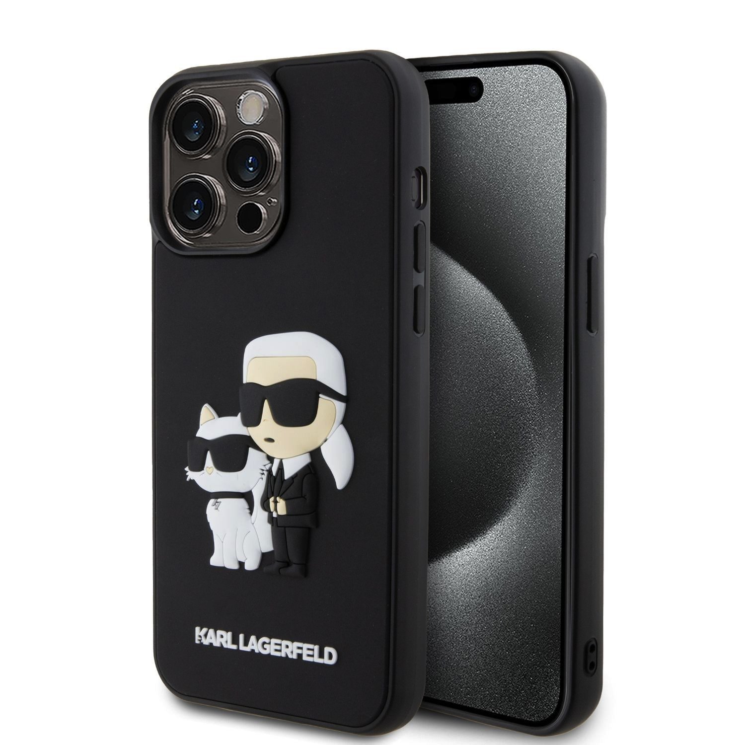 Ochranný kryt na iPhone 15 Pro MAX - Karl Lagerfeld, 3D Rubber Karl and Choupette Black KLHCP15X3DRKCNK