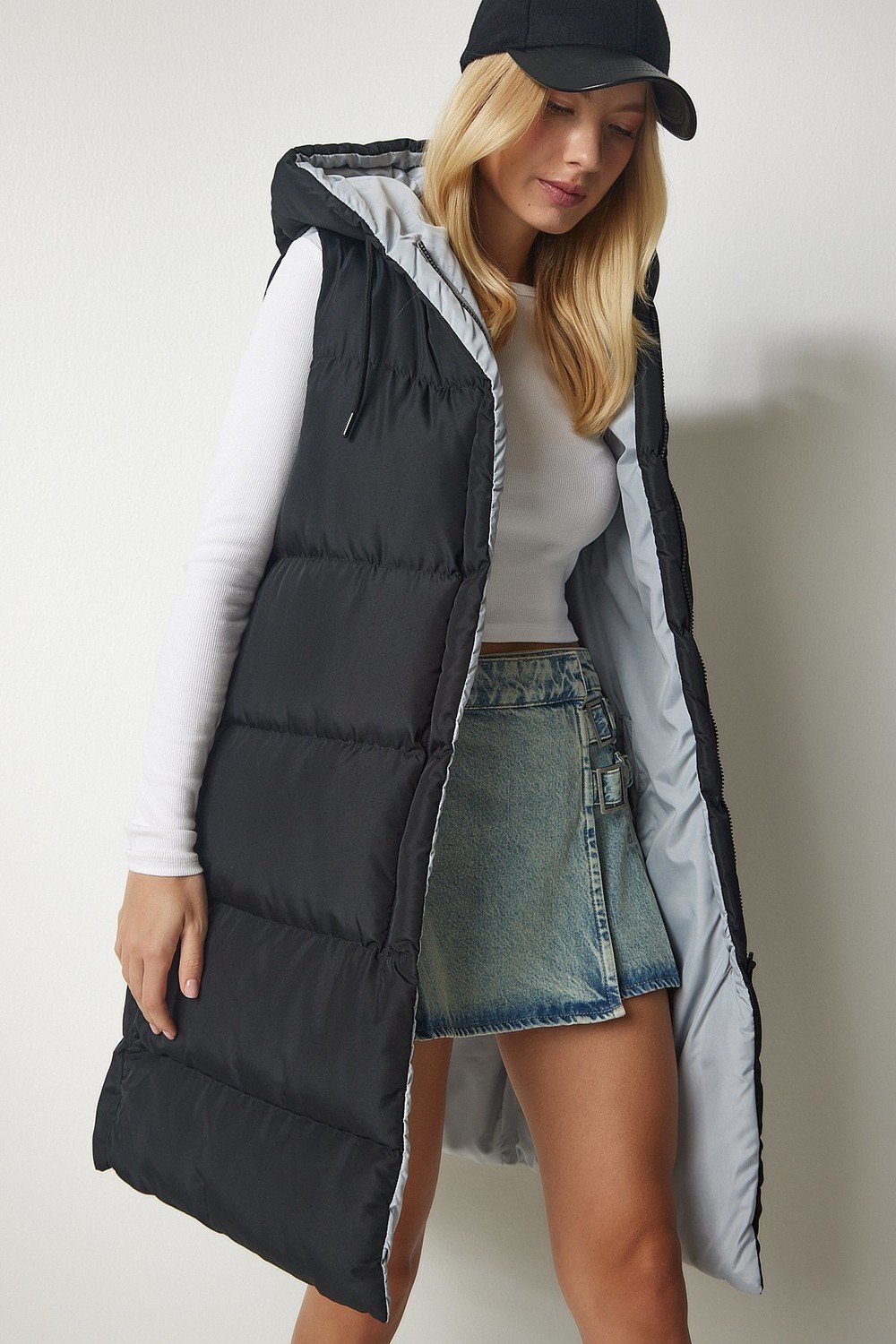 Happiness İstanbul Women's Black Gray Hooded Long Inflatable Vest