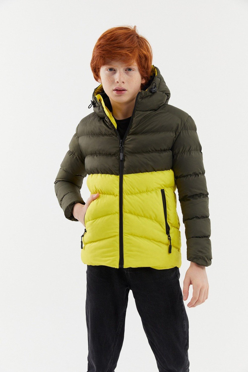River Club Boys' Waterproof And Windproof Thick Lined Khaki-Yellow Hooded Coat.