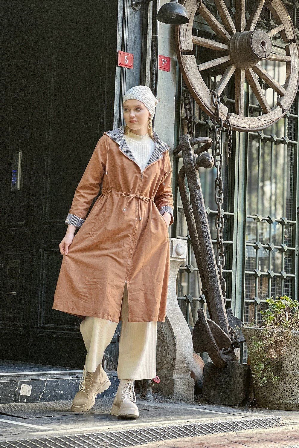 HAKKE Women's Hooded Trench Coat with Pleated Waist.