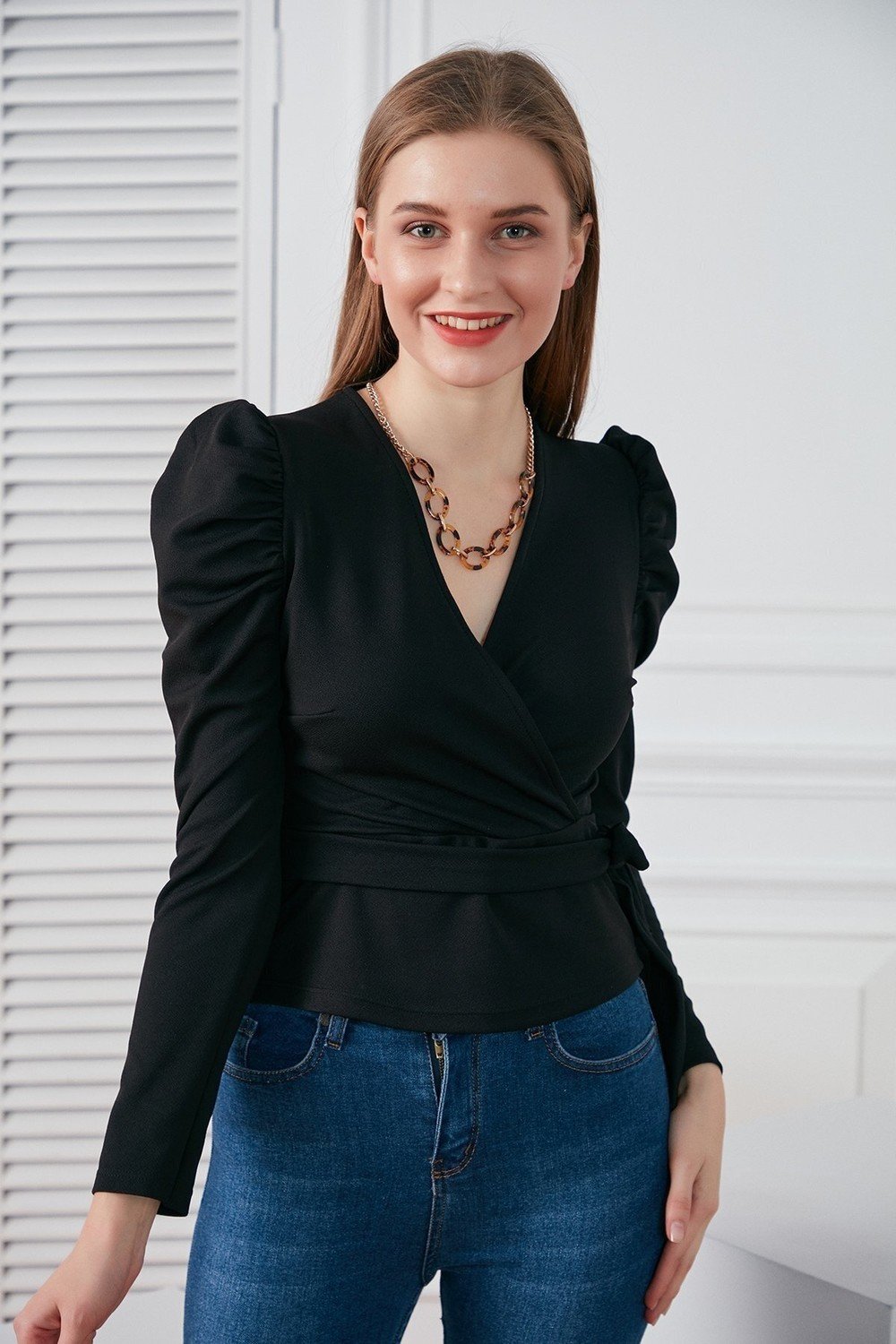 HAKKE Belted Waist Shoulder Detail Scuba Blouse