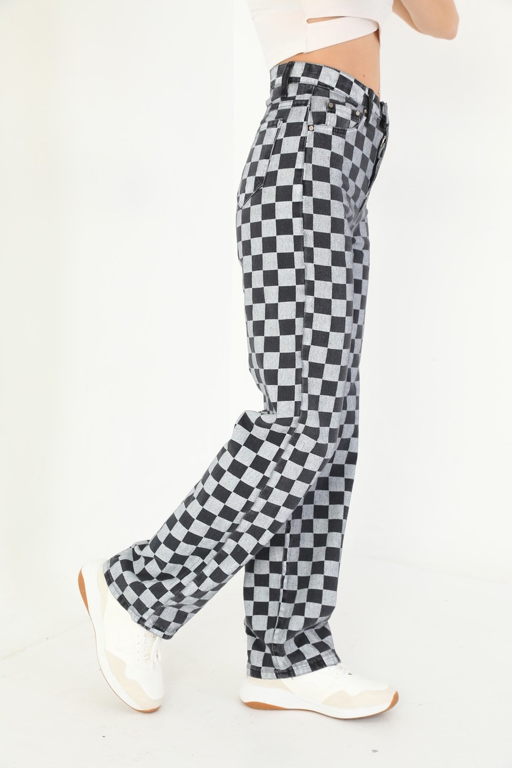 BİKELİFE Black Checkerboard Pattern High Waist Wide Leg Jeans Pants