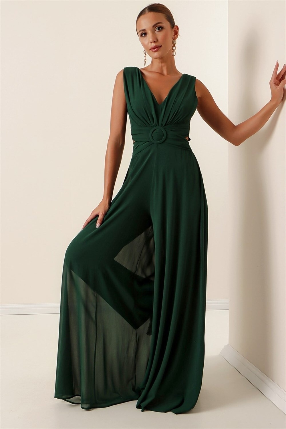 By Saygı Decollete Decollete Front Back V-Neck Lined Chiffon Jumpsuit Emerald