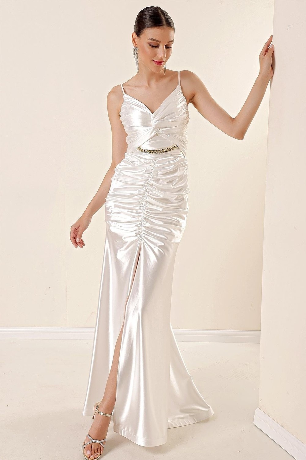 By Saygı Rope Hangings Draped Front with Chain Accessories and a Slit in the Front Lined Satin Long Dress White