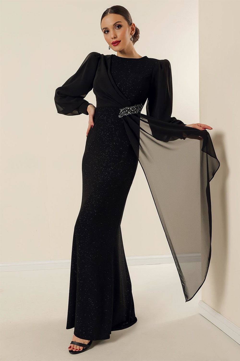 By Saygı Gemstone Accessory Lycra Chiffon Detail Lined Long, Glittery Wide Body Evening Dress.