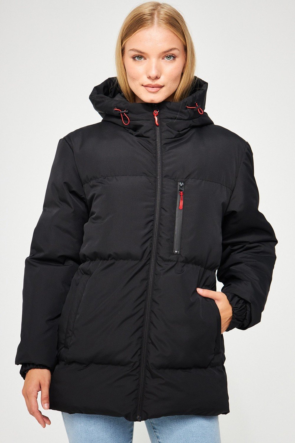 River Club Women's Black Inflatable Winter Coat With Lined Hooded Waterproof And Windproof.