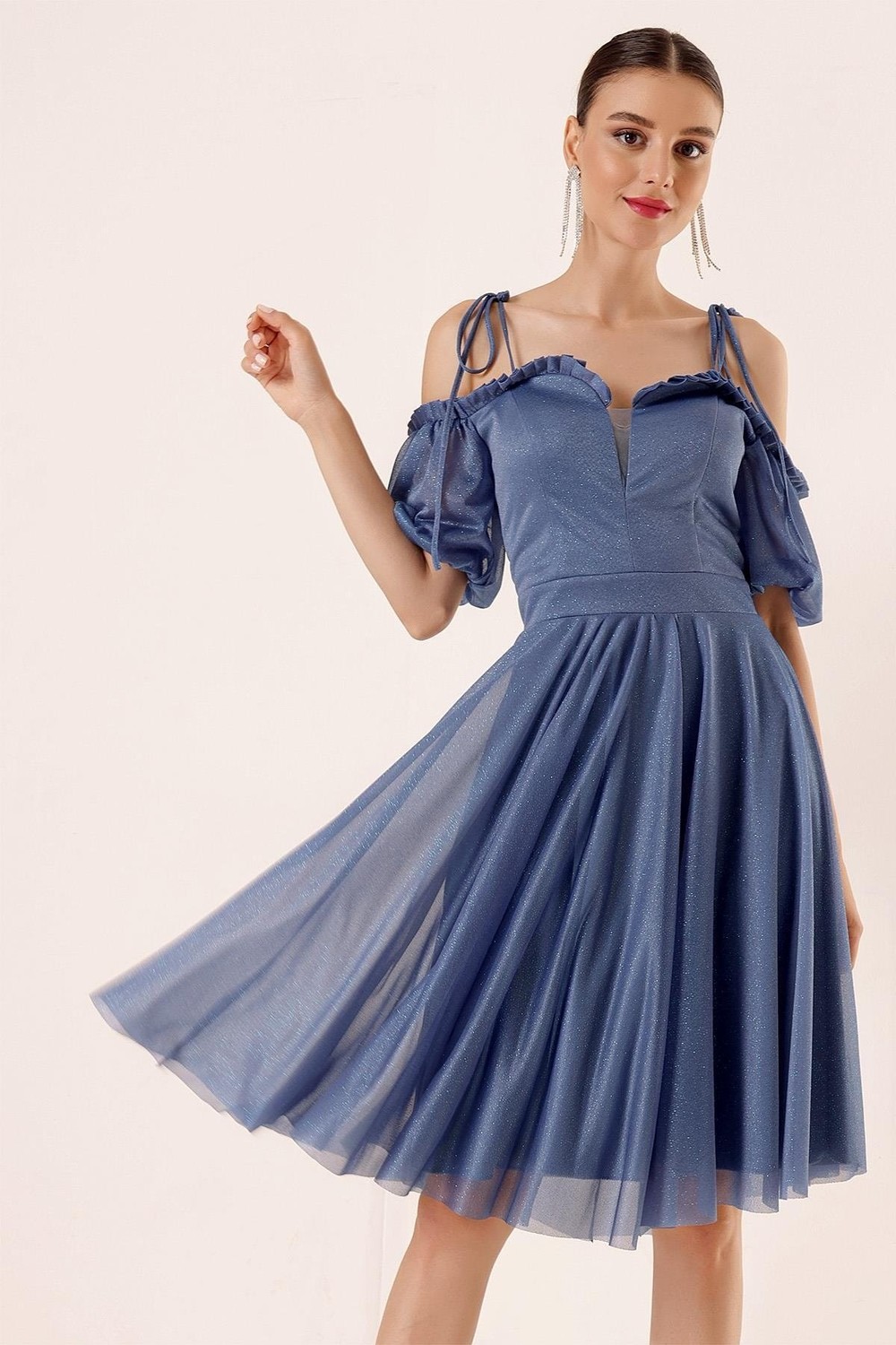By Saygı Pleated Collar with Balloon Sleeves, Lined Silvery Tulle Dress Indigo.