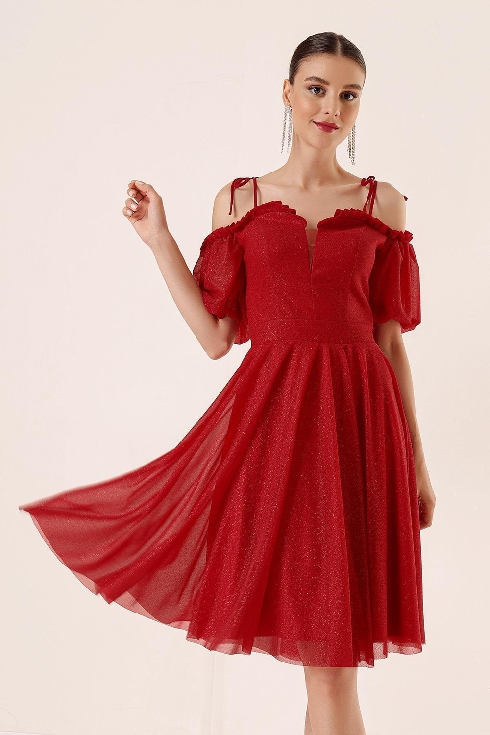 By Saygı Pleated Collar With Balloon Sleeves Lined Silvery Tulle Dress Red