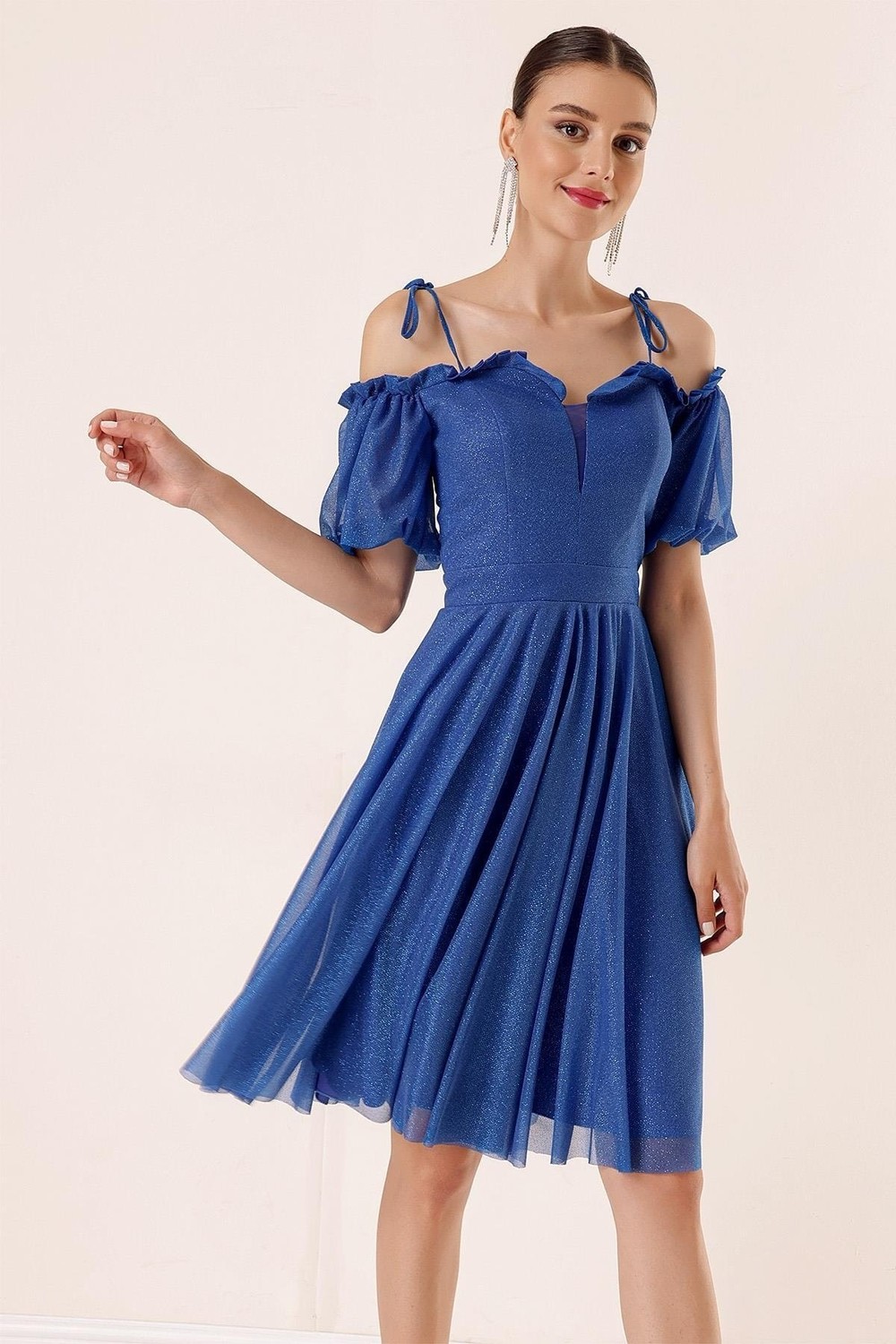 By Saygı Pleated Collar with Balloon Sleeves and Lined Glittery Tulle Dress Saks