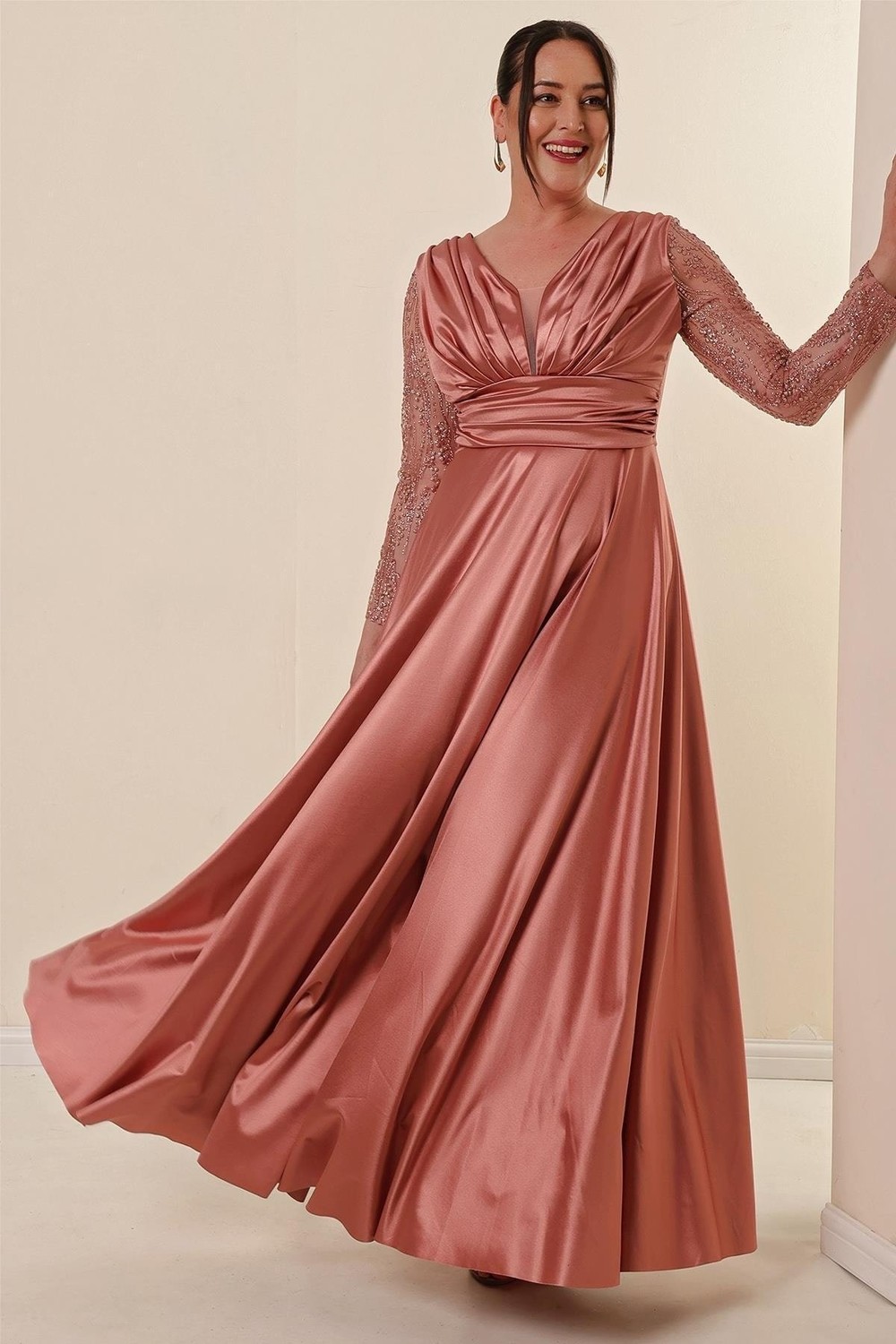 By Saygı Plus Size Long Satin Evening Dress with Tulle Shimmer Detailed Front Pleats on the sleeves Copper.